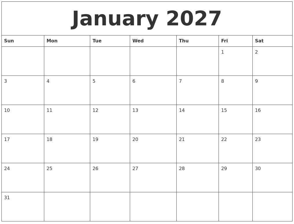 January 2027 Calendar Monthly