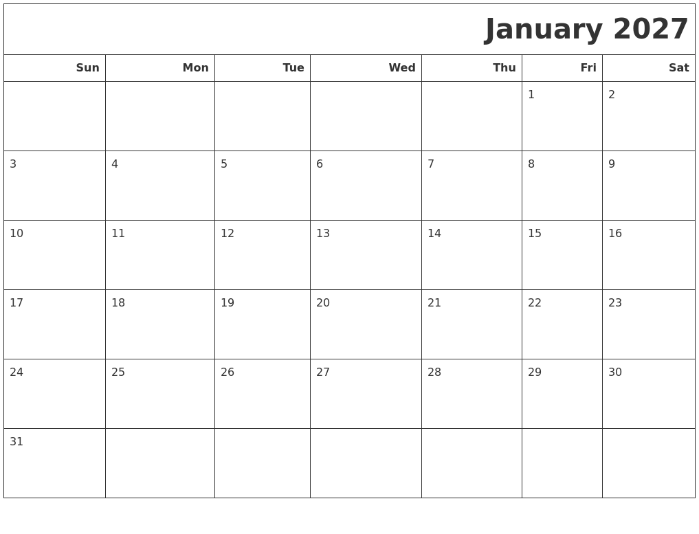 January 2027 Calendars To Print