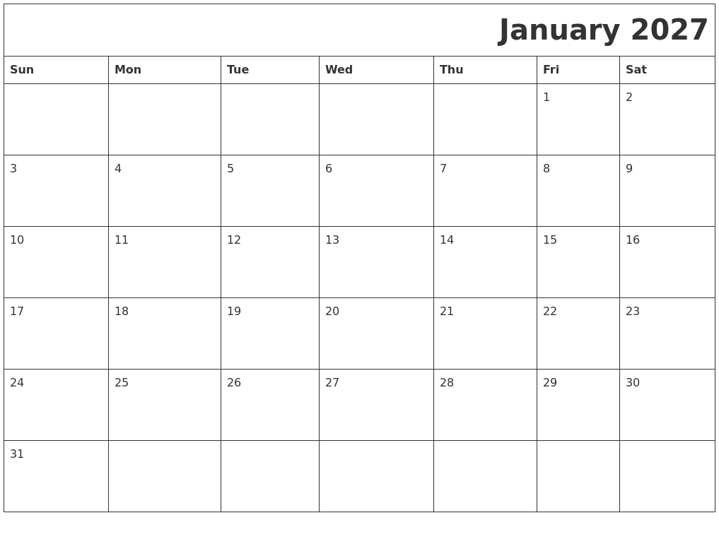 January 2027 Download Calendar