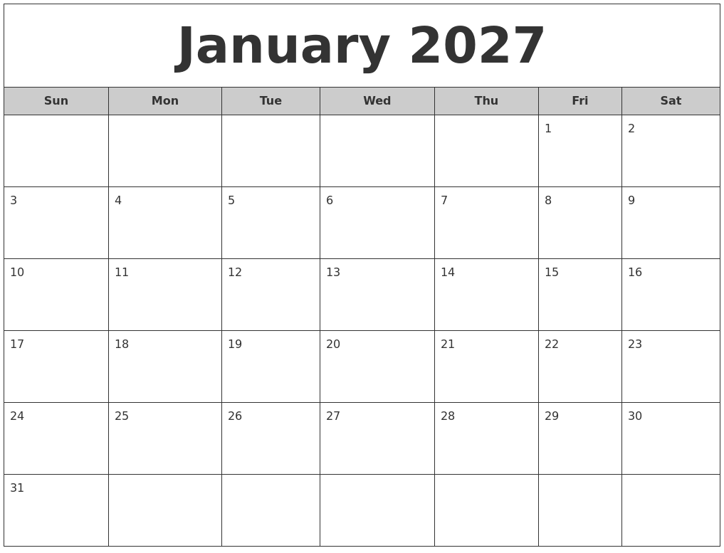 January 2027 Free Monthly Calendar