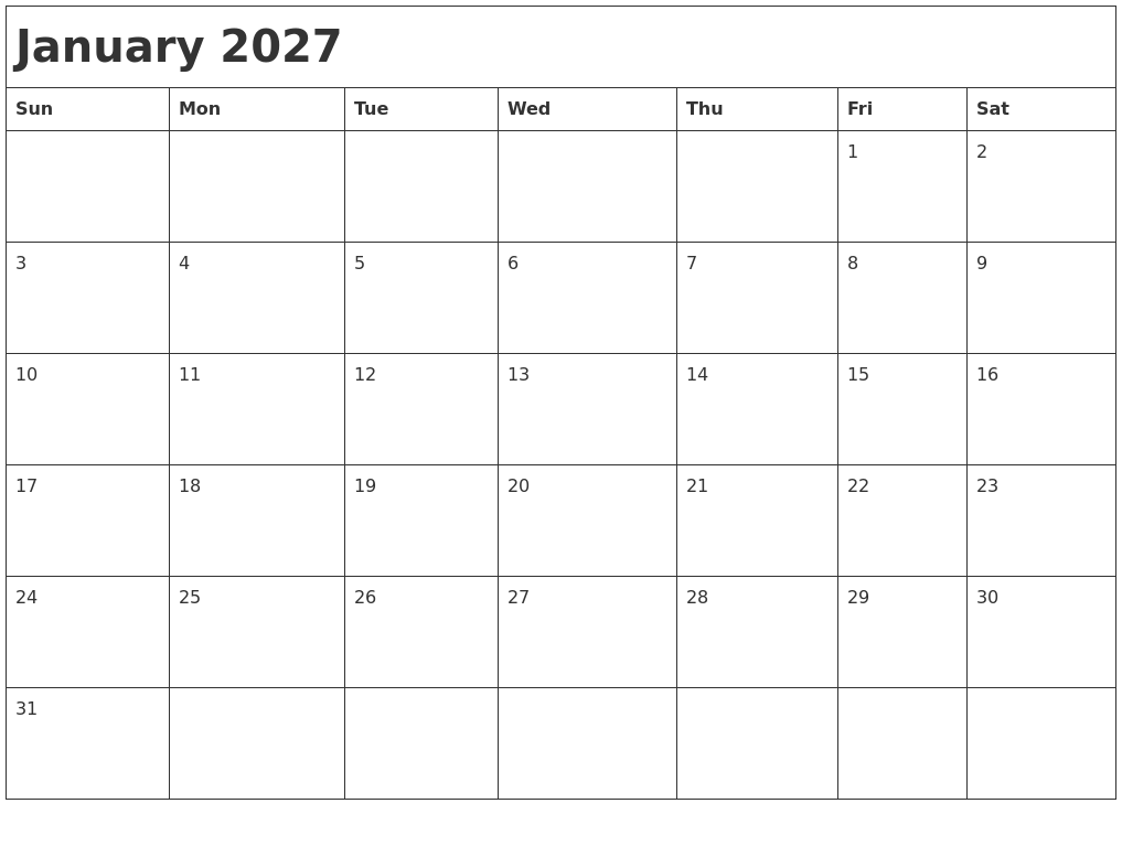 January 2027 Month Calendar