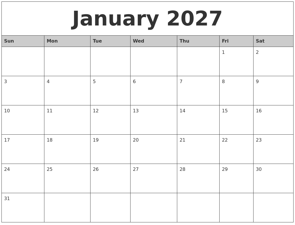 January 2027 Monthly Calendar Printable