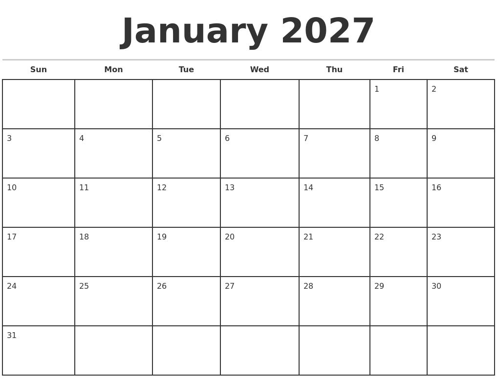 January 2027 Monthly Calendar Template