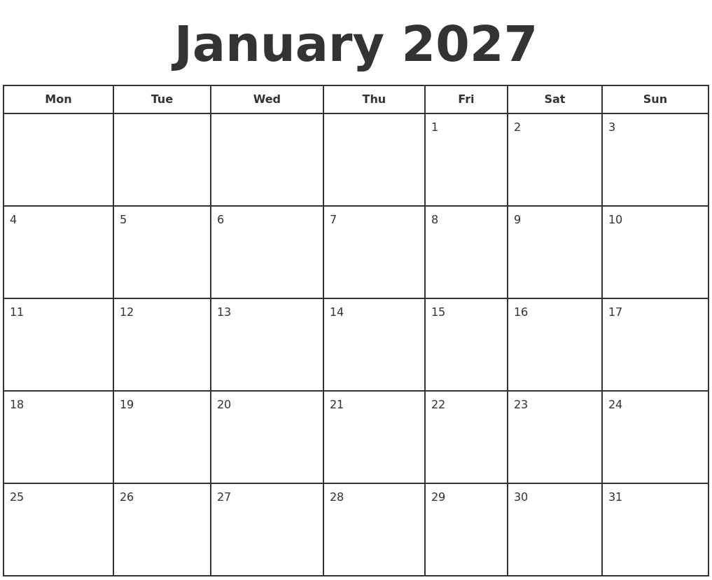January 2027 Print A Calendar