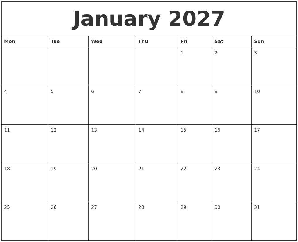 January 2027 Printable Calendar Free