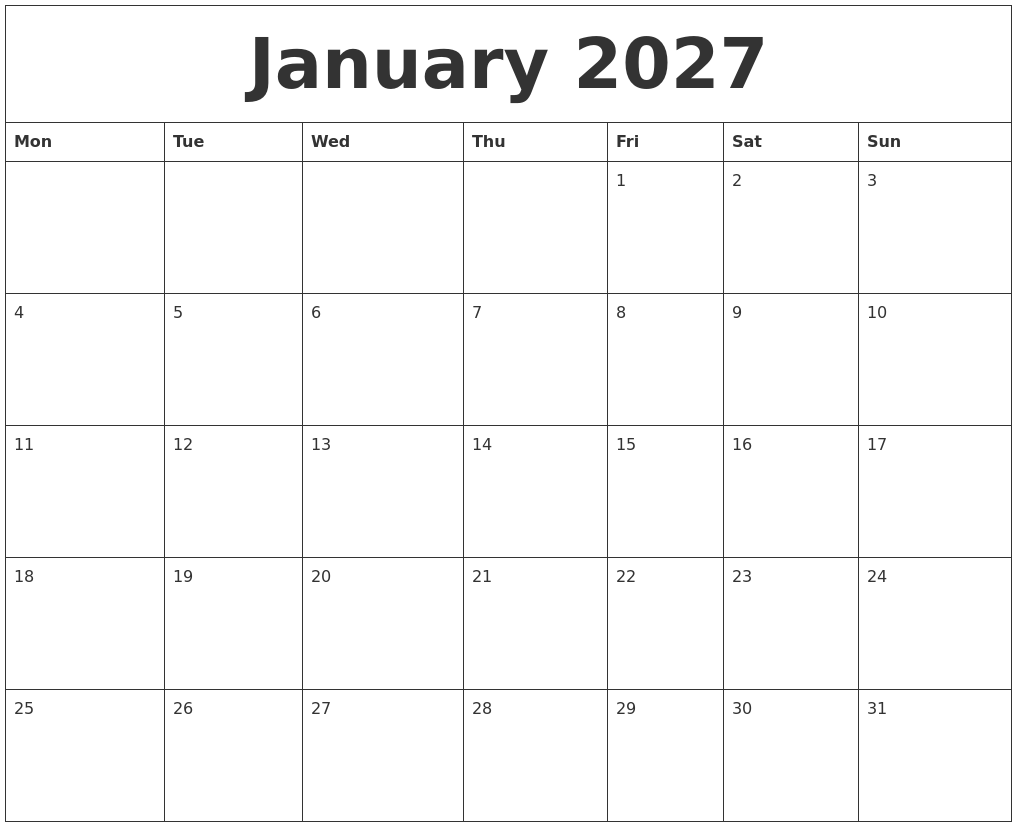 January 2027 Word Calendar