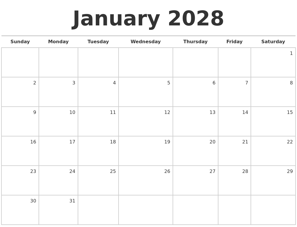 January 2028 Blank Monthly Calendar January 2028 Blank Monthly Calendar