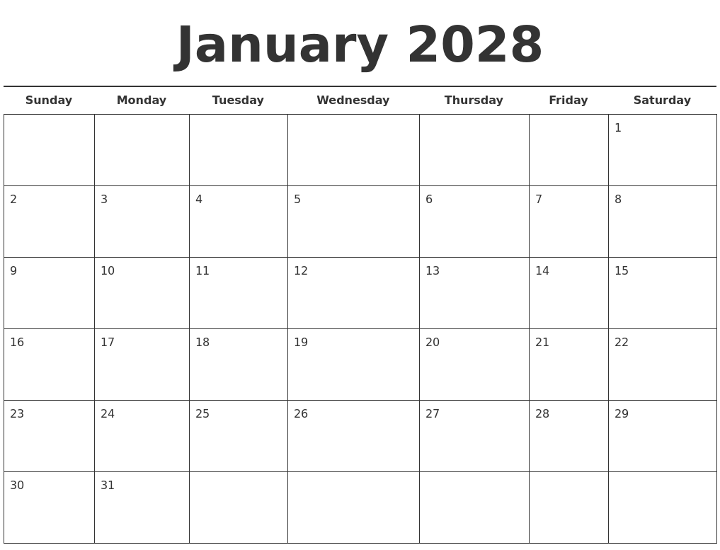 january 2028 free calendar template full weekday