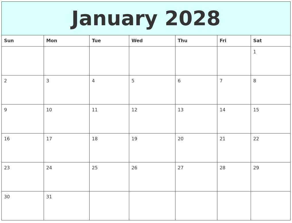 January 2028 Free Calendar