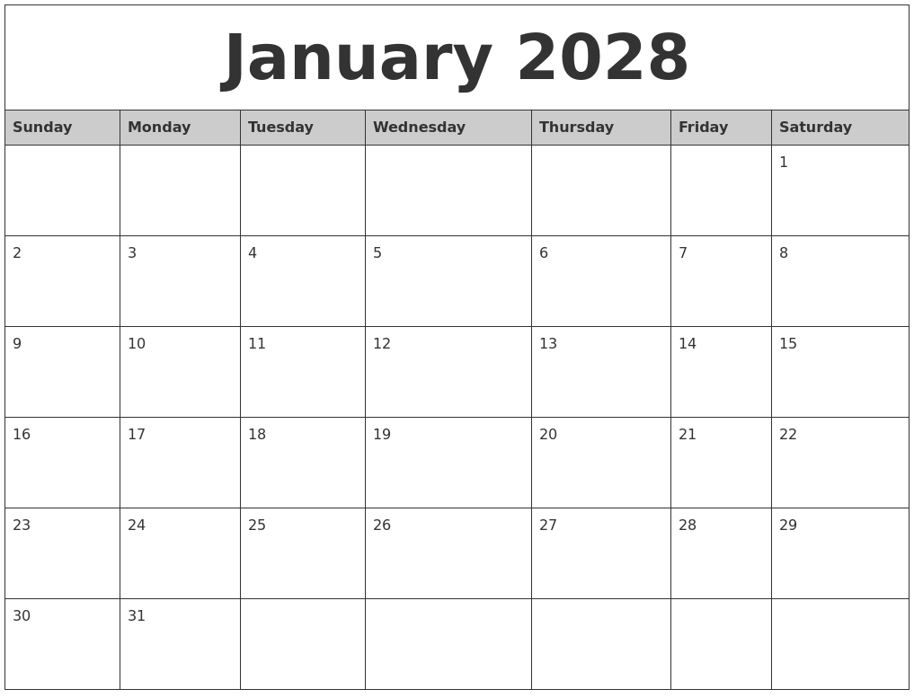 January 2028 Monthly Calendar Printable