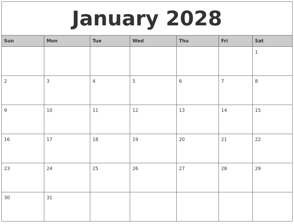 January 2028 Monthly Calendar Printable