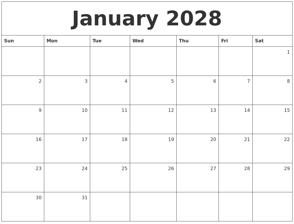 january 2028 monthly calendar