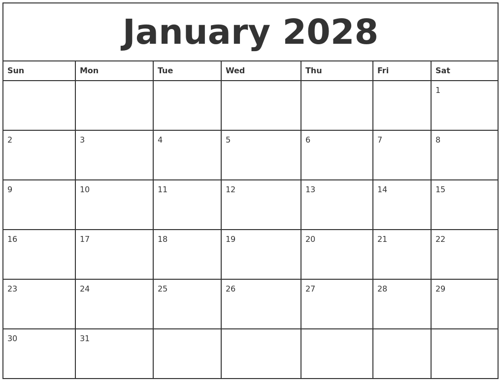January 2028 Printable Monthly Calendar