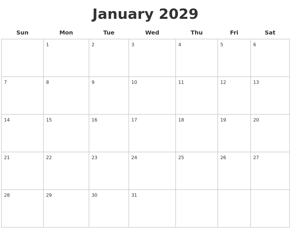 January 2029 Blank Calendar Pages
