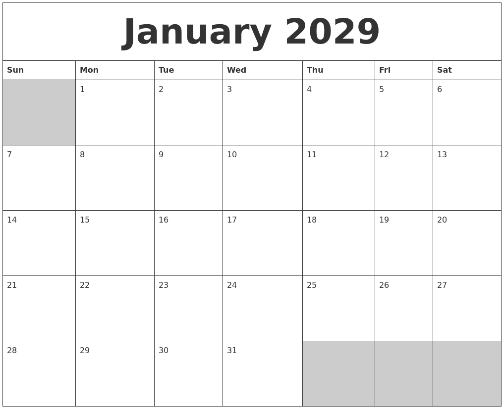 January 2029 Blank Printable Calendar