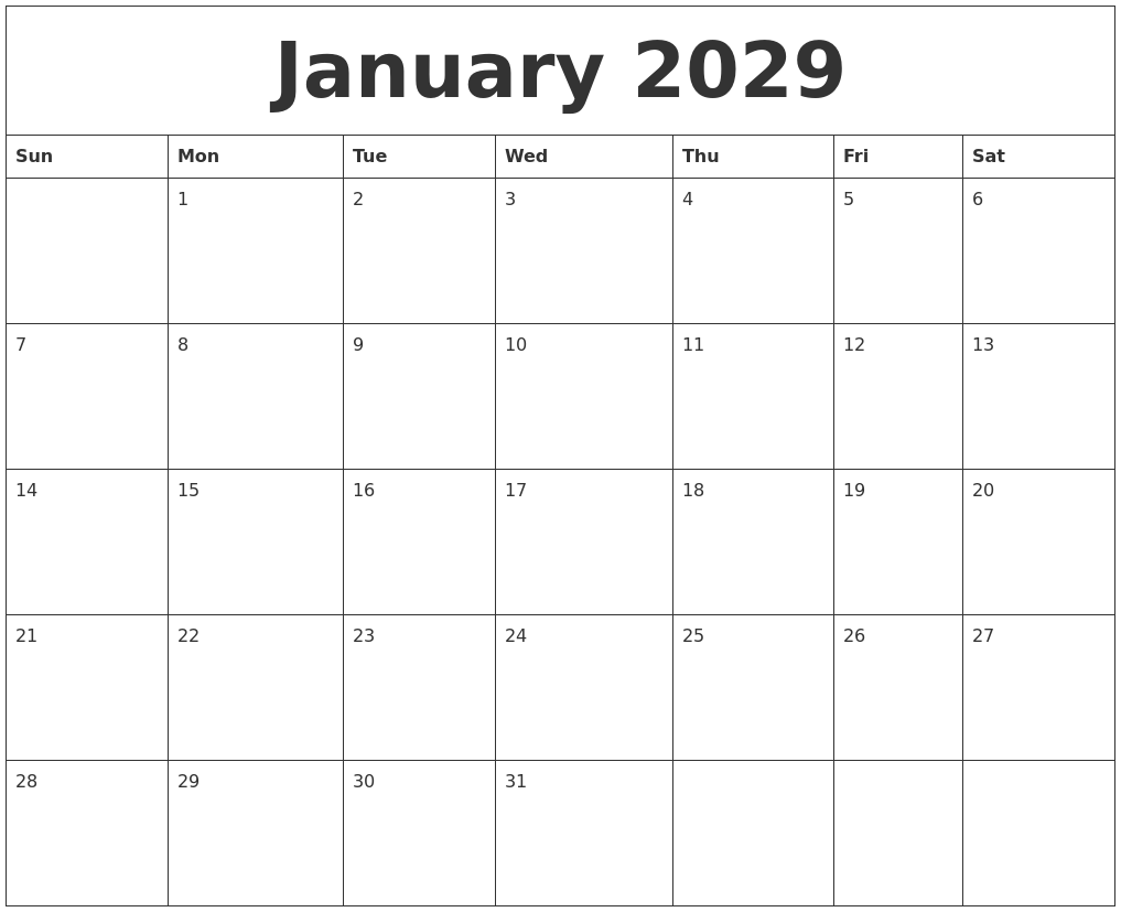 January 2029 Calendar Month