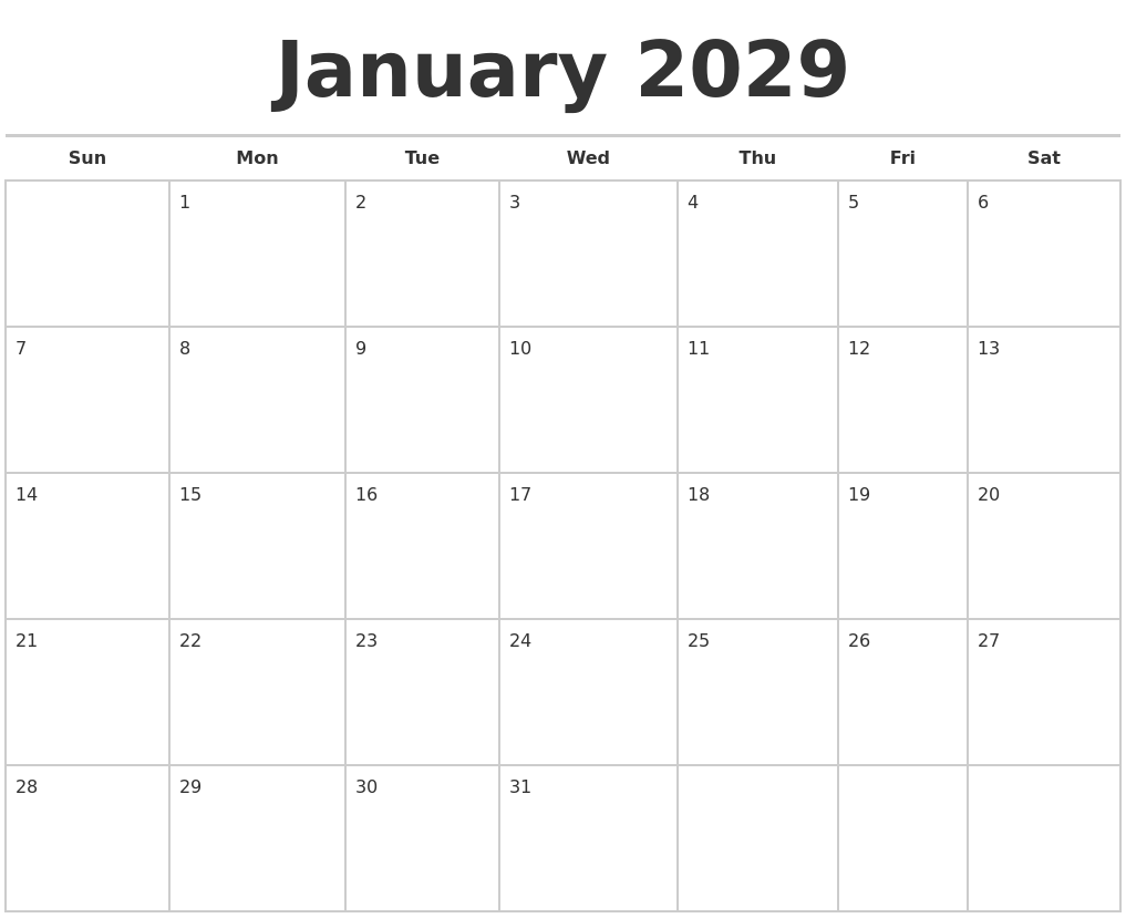 January 2029 Calendars Free