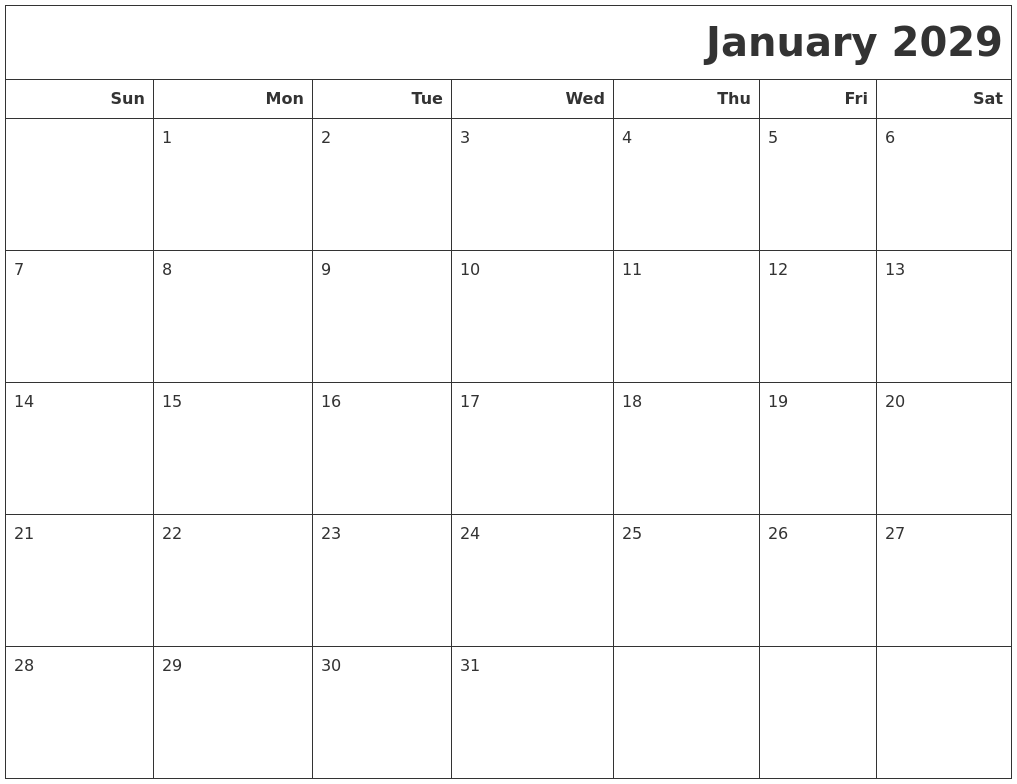 January 2029 Calendars To Print
