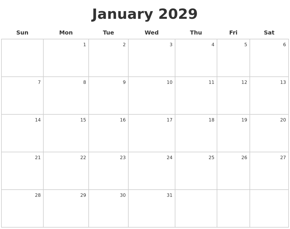 January 2029 Make A Calendar