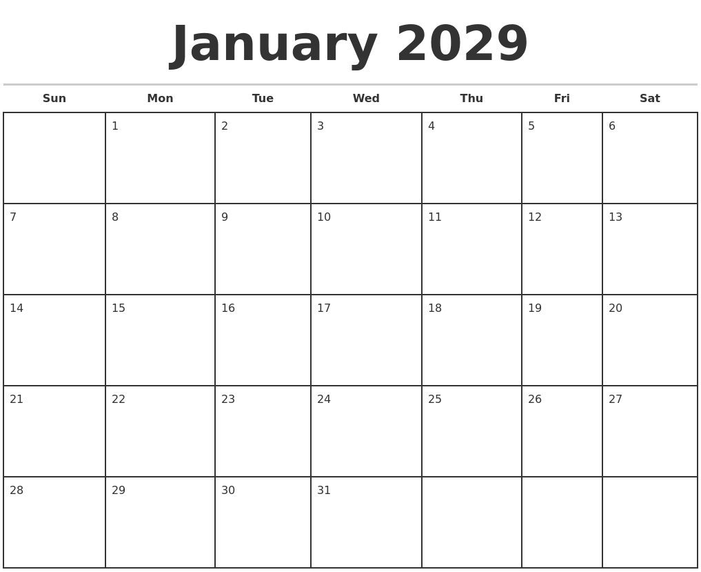 January 2029 Monthly Calendar Template