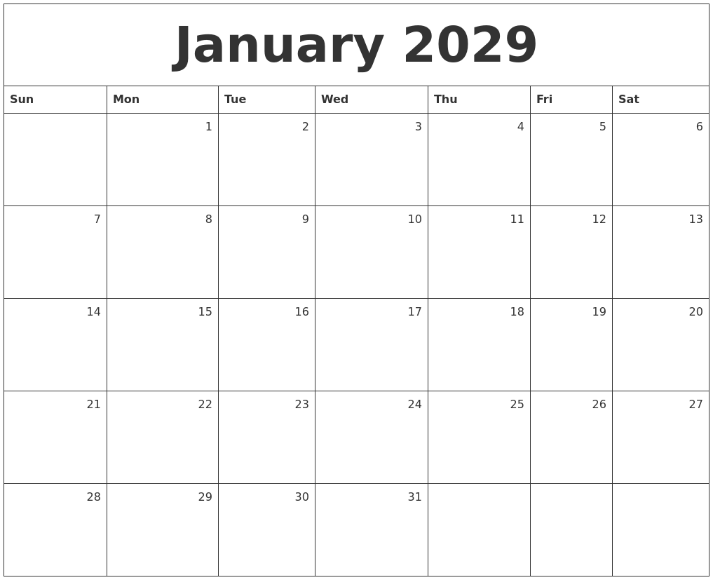 January 2029 Monthly Calendar