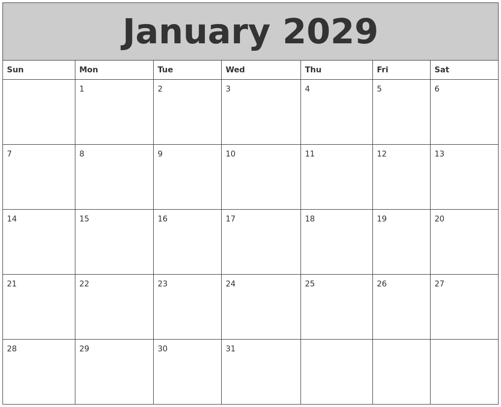 January 2029 My Calendar
