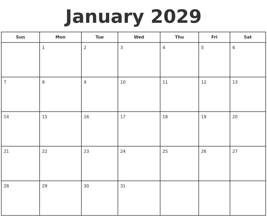 January 2029 Print A Calendar