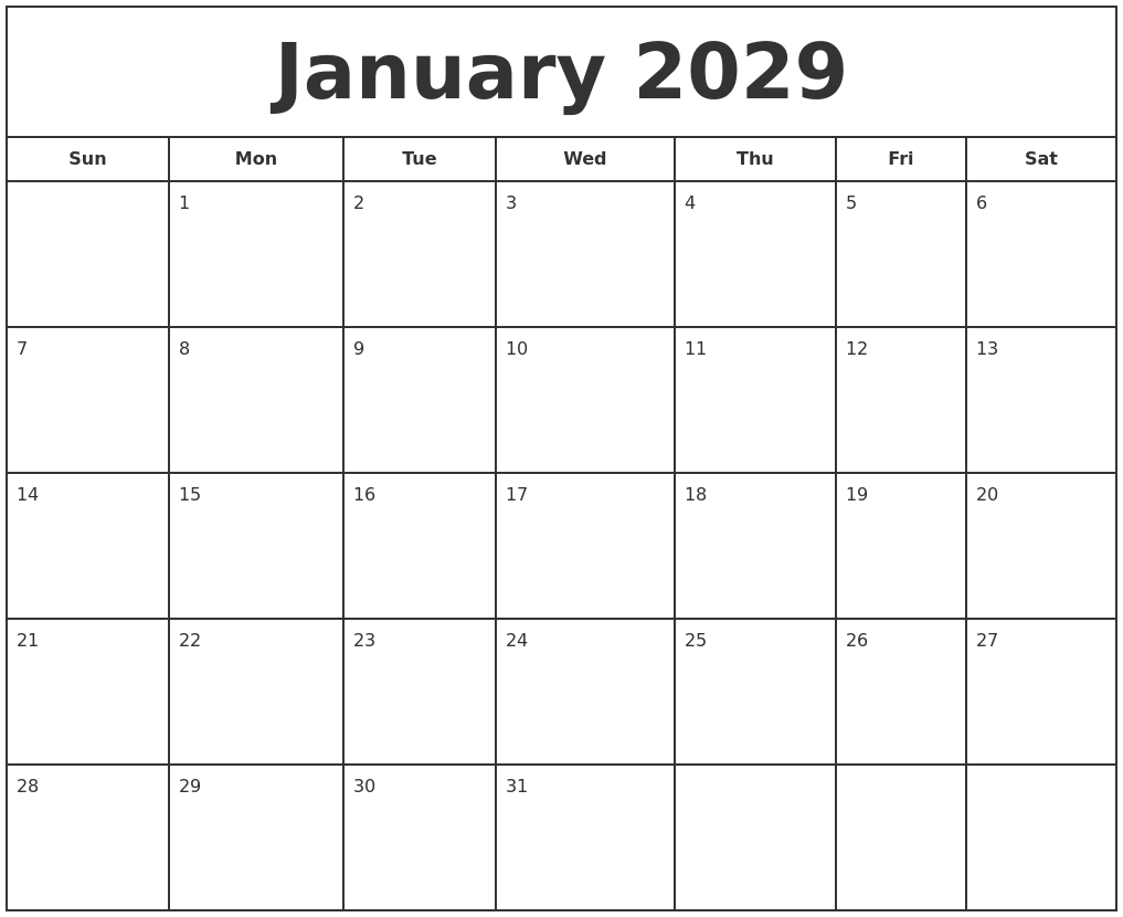 January 2029 Print Free Calendar January 2029 Print Free Calendar