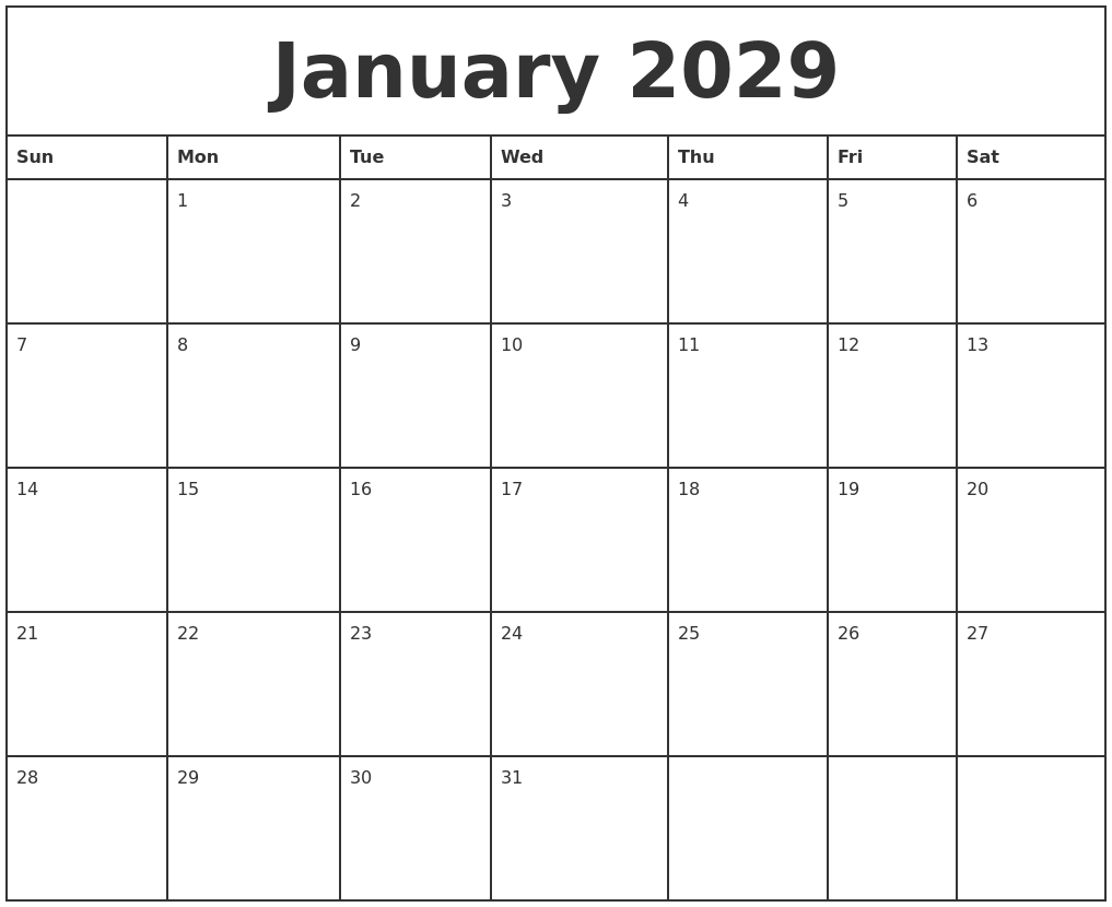 January 2029 Printable Monthly Calendar