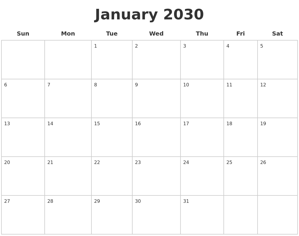 January 2030 Blank Calendar Pages