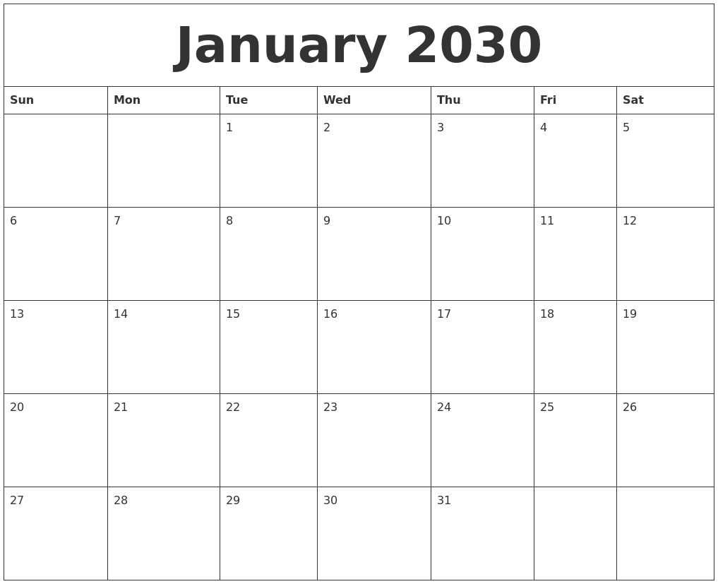 January 2030 Calendar Templates Free