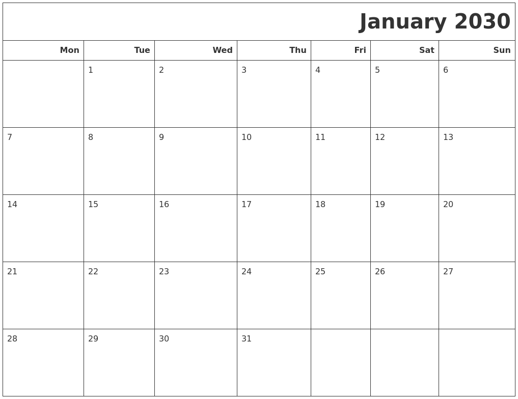 January 2030 Calendars To Print