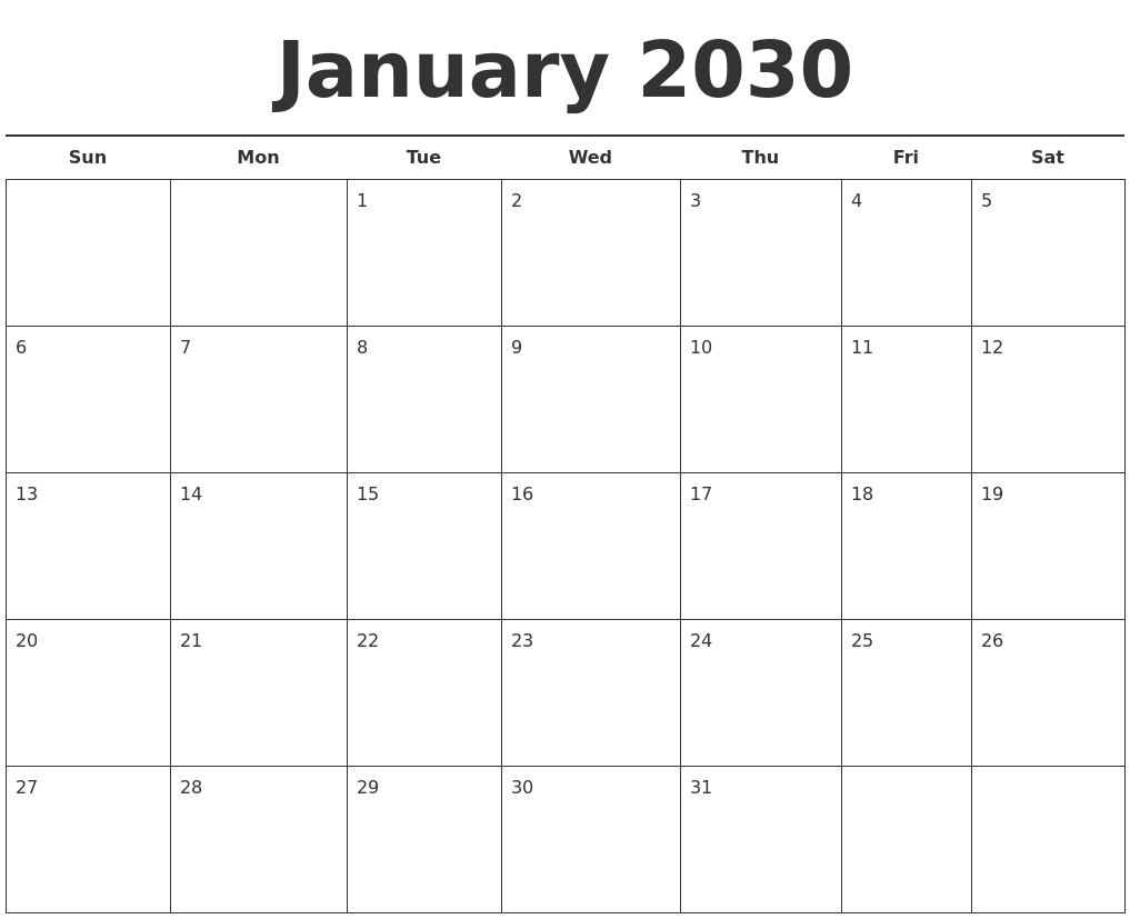 January 2030 Free Calendar Template