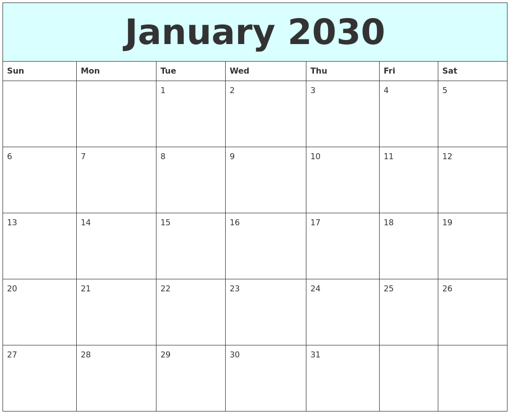 January 2030 Free Calendar
