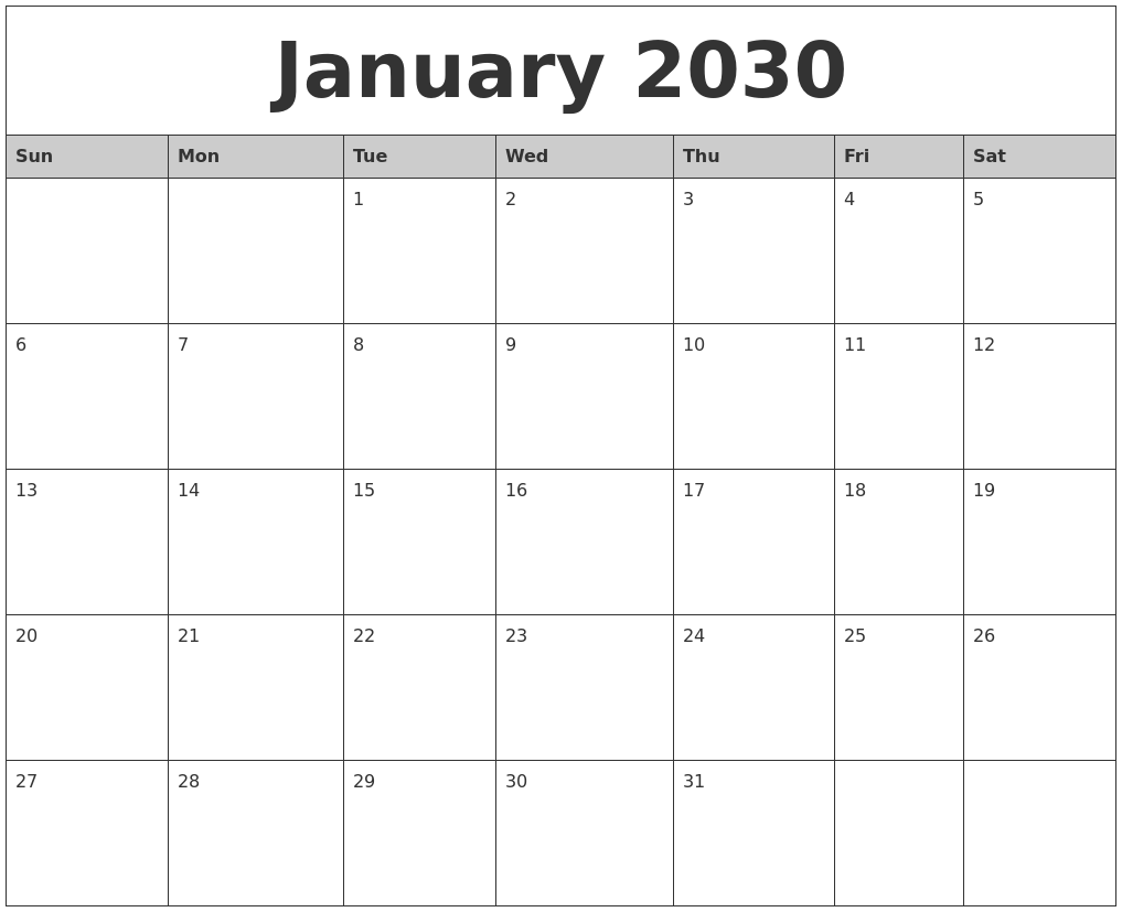 January 2030 Monthly Calendar Printable