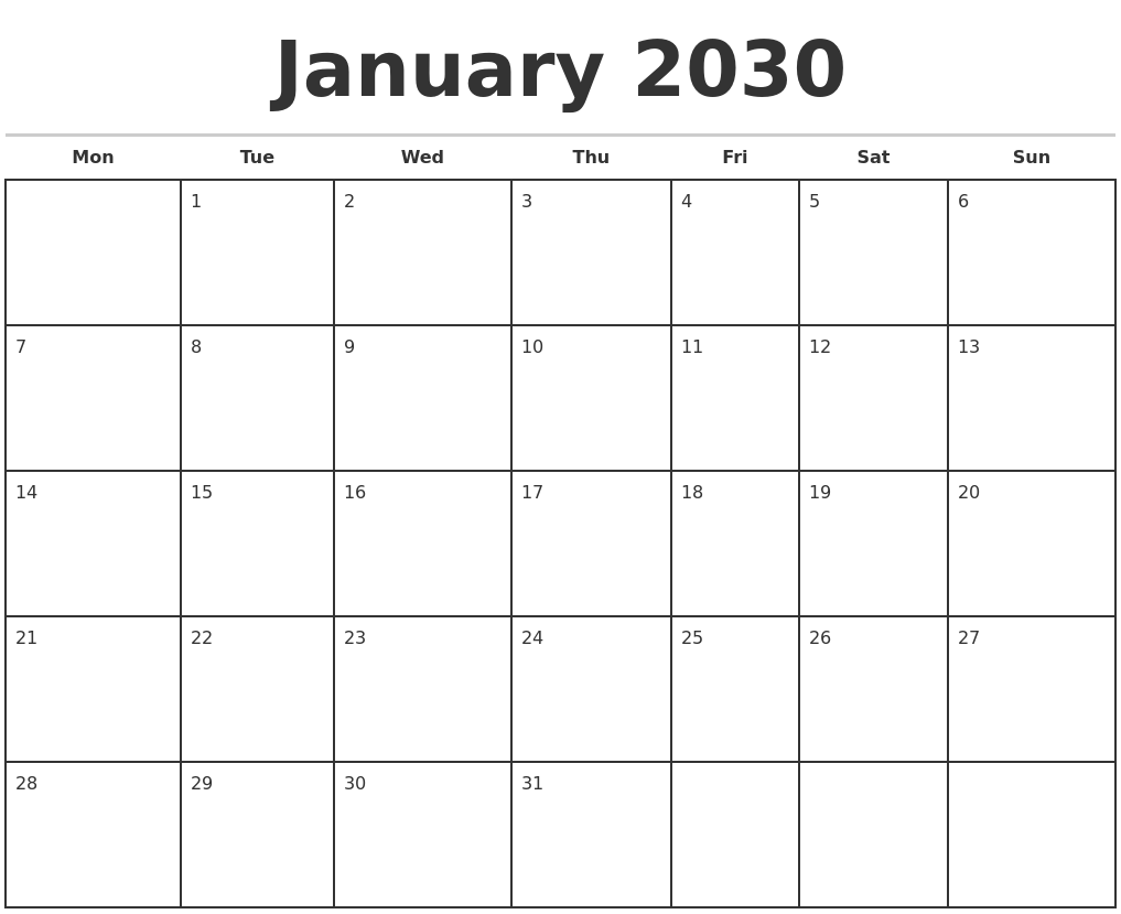January 2030 Monthly Calendar Template