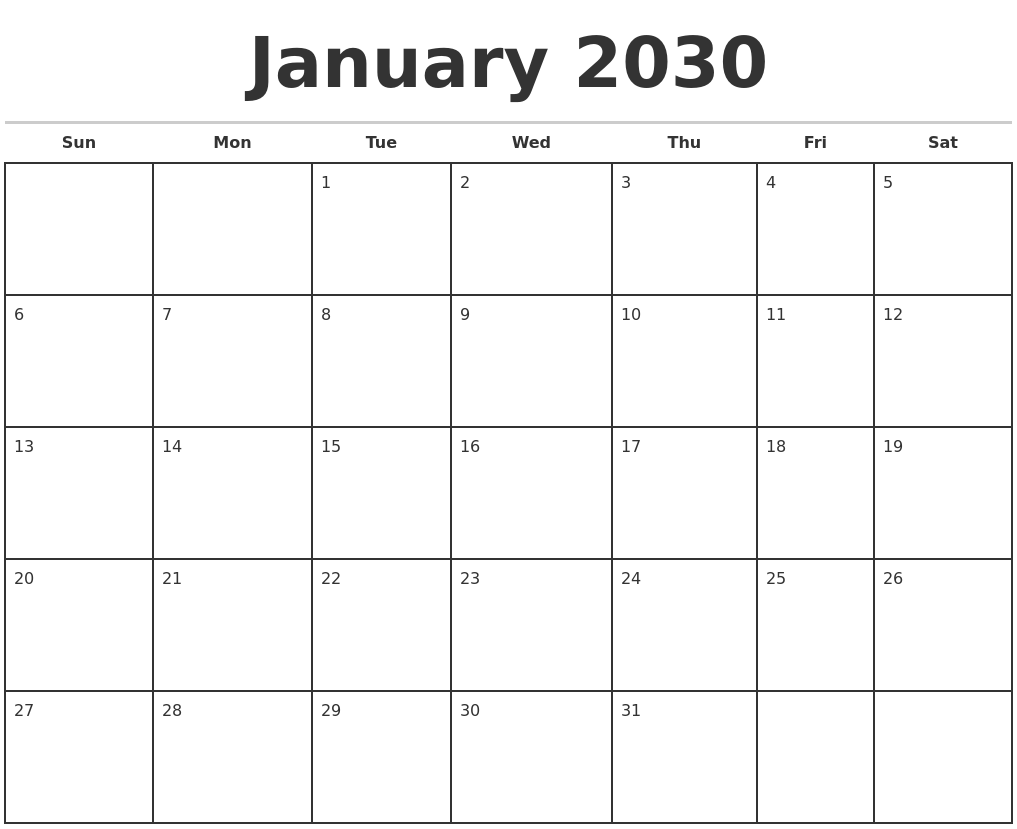 January 2030 Monthly Calendar Template
