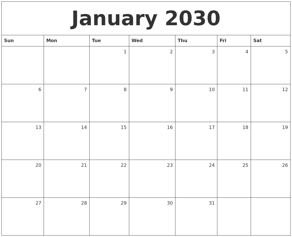 January 2030 Monthly Calendar
