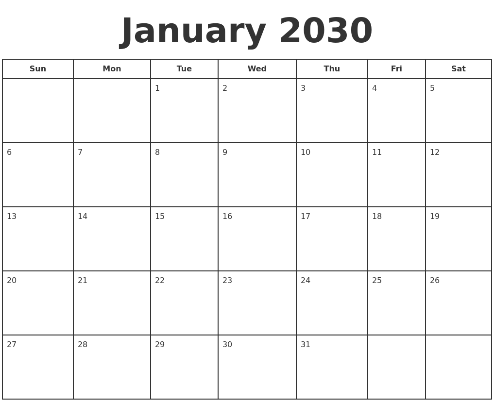 January 2030 Print A Calendar