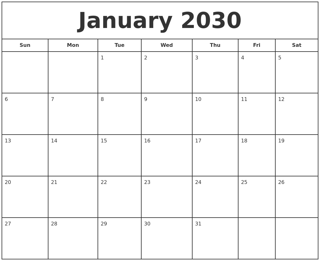 January 2030 Print Free Calendar