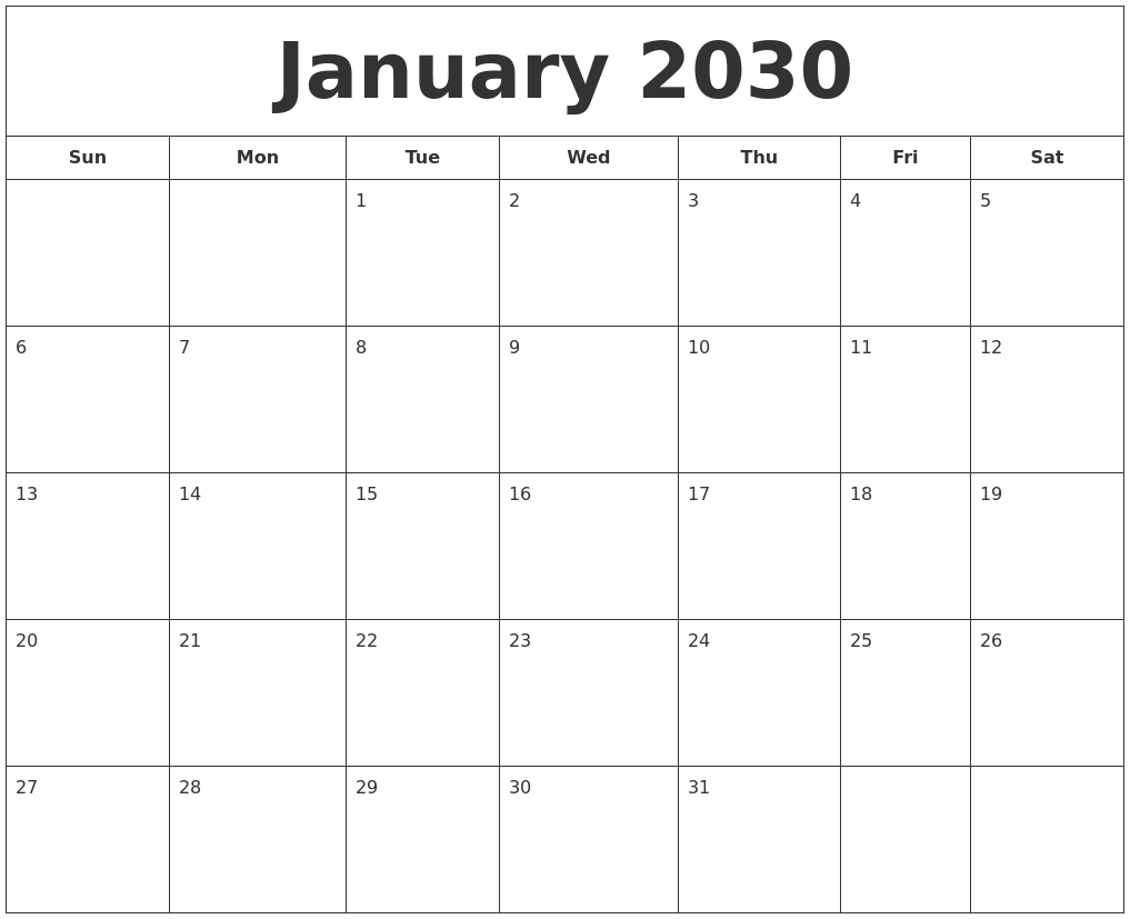 January 2030 Printable Calendar