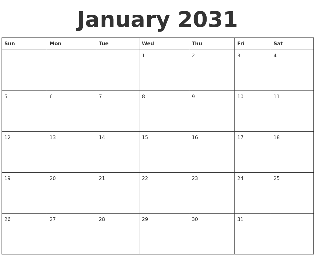 January 2031 Blank Calendar Template