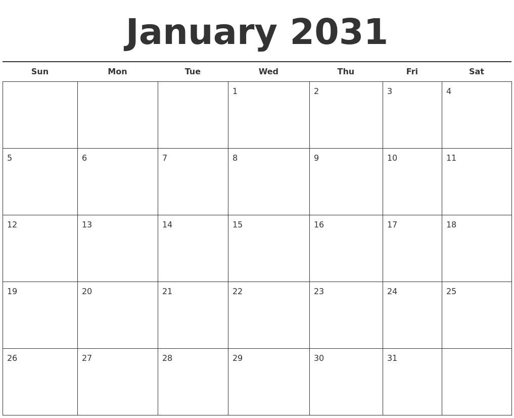 January 2031 Free Calendar Template