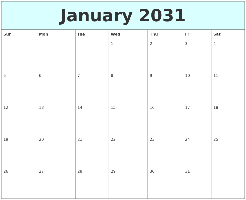 January 2031 Free Calendar