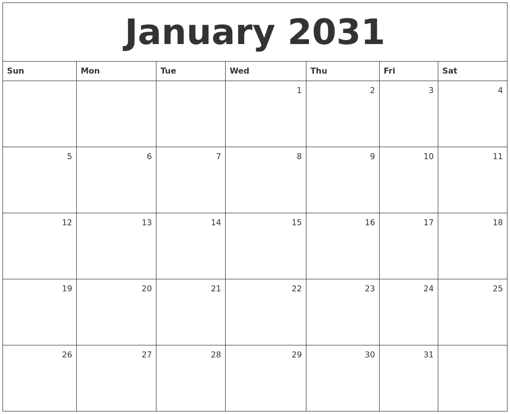 January 2031 Monthly Calendar