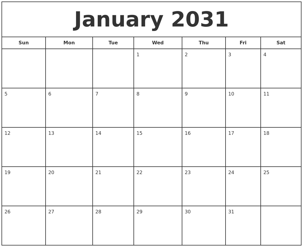 January 2031 Print Free Calendar
