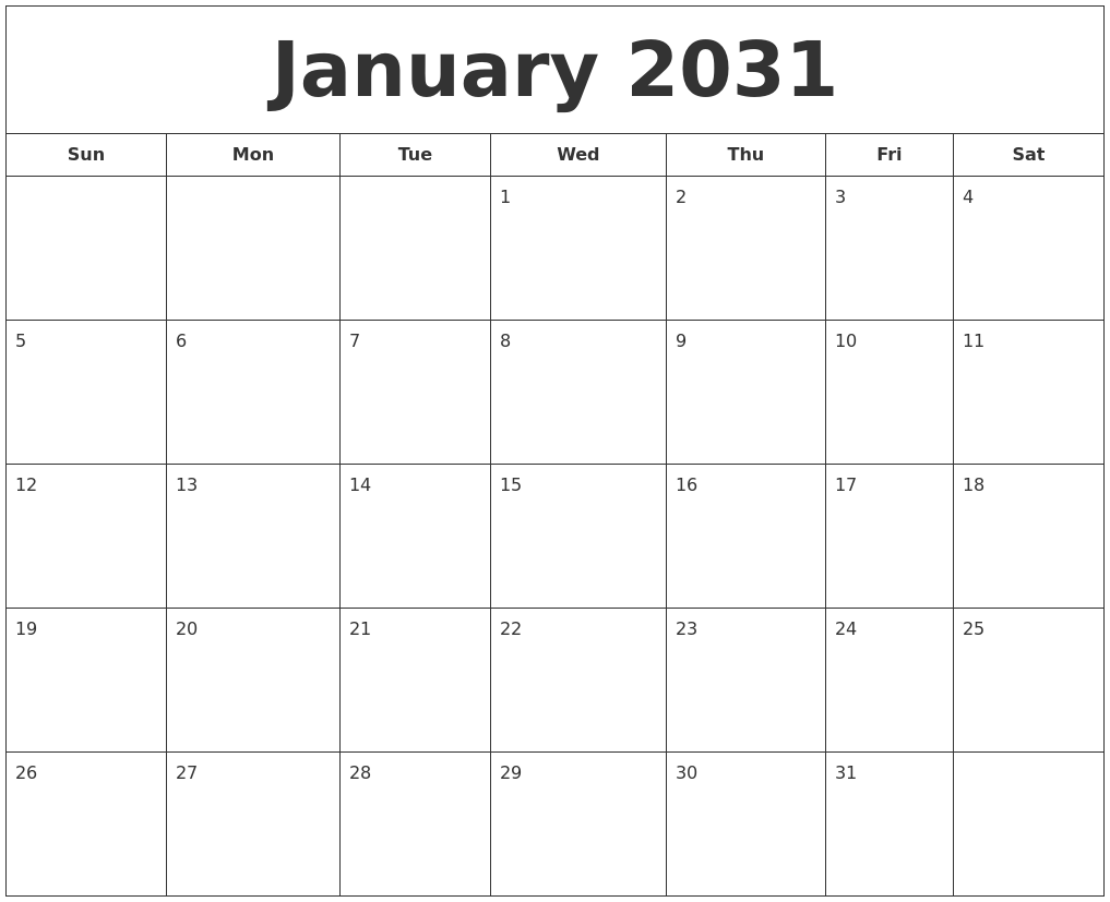 January 2031 Printable Calendar