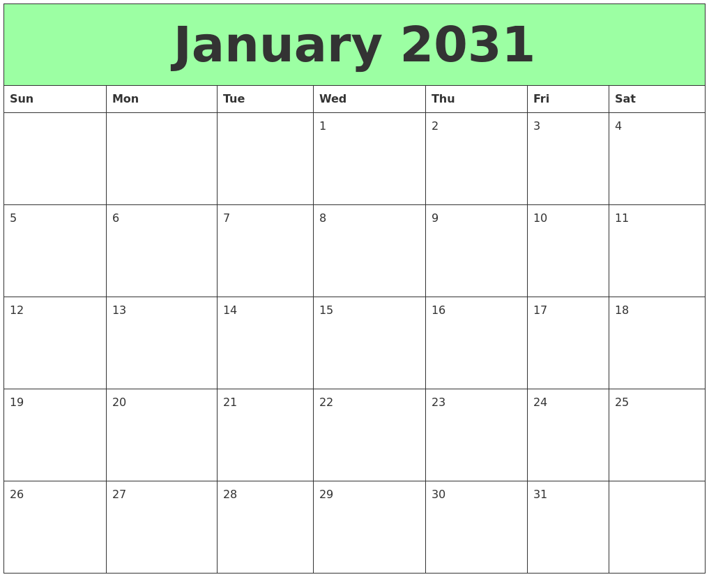 January 2031 Printable Calendars