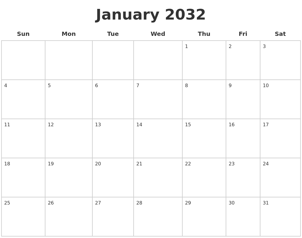 January 2032 Blank Calendar Pages