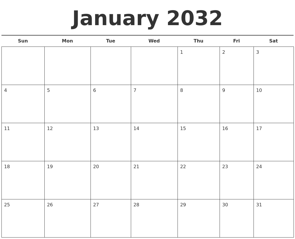 January 2032 Free Calendar Template